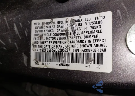2013 Honda Civic Lx from USA, damaged, VIN 19XFB2F52DE295327